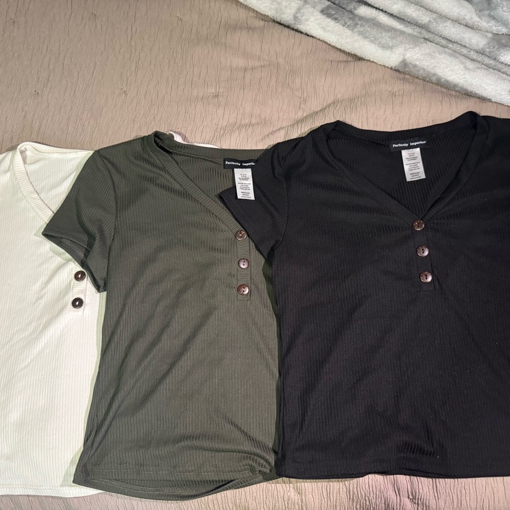 Women's V-Neck Buttoned Tops - Black, Green, and Cream